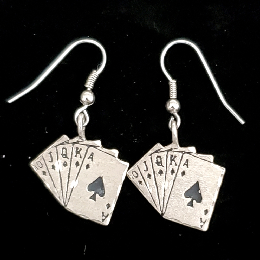 Sterling Silver Royal Flush Spades Card Earrings